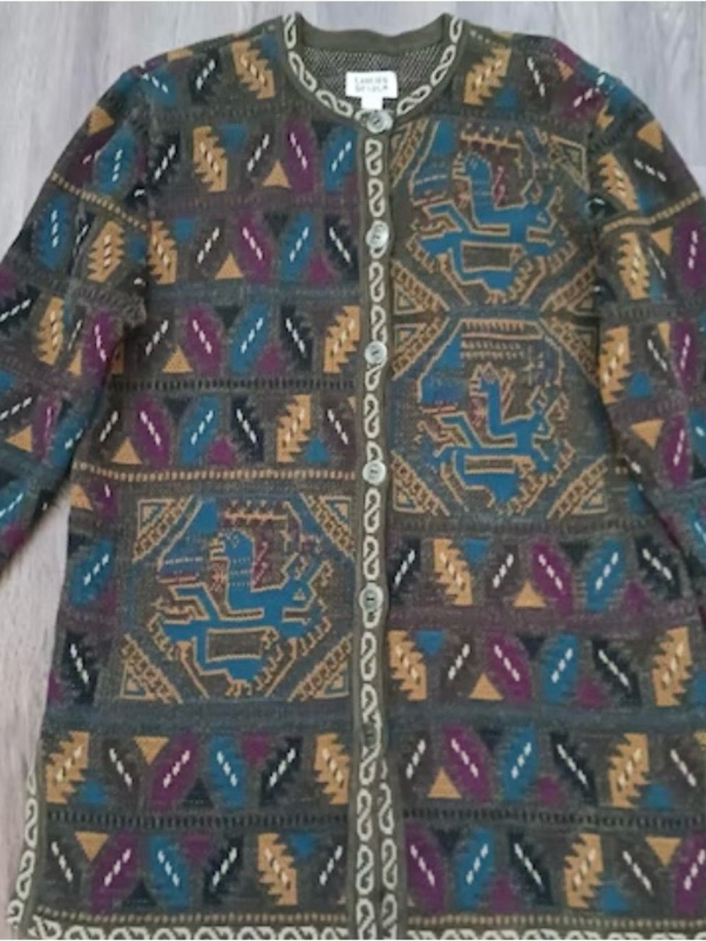 Chico's Olive Multi Geometric Long Cardigan